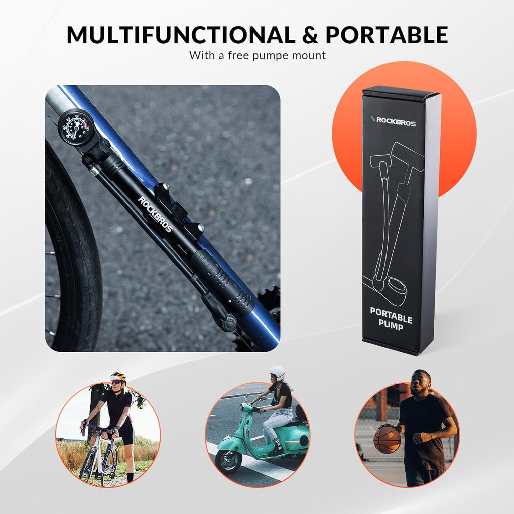 ROCKBROS Bomba de aire para bicicleta 120 PSI con manómetro, portátil y ligera, mini bomba de bicicleta con mango giratorio para válvulas Presta y Schrader