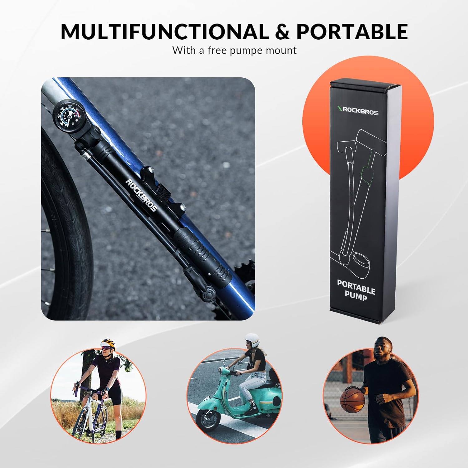 ROCKBROS Bomba de aire para bicicleta 120 PSI con manómetro, portátil y ligera, mini bomba de bicicleta con mango giratorio para válvulas Presta y Schrader