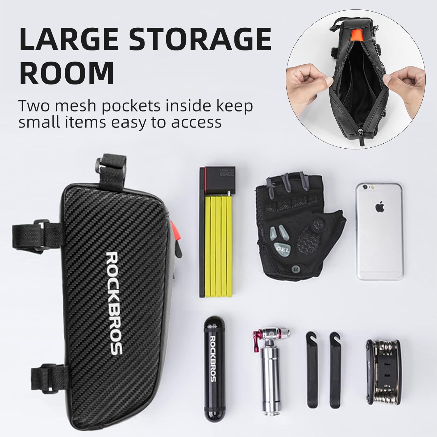 ROCKBROS Bolsa de Bicicleta Impermeable Manillar Superior Bolsa de Bicicleta Negro 1L con 3 Cierres de Velcro Ajustables y Elemento Reflectante 210D Poliéster para Bicicleta