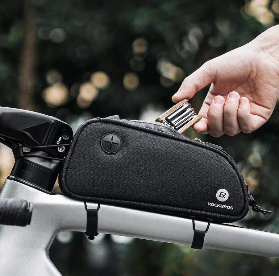 ROCKBROS Bolsa de Bicicleta Marco Bolsa 1.3L MTB Manillar Bolsa Superior Negro con 3 Correas Elásticas & Materiales Reflectantes para Seguridad en Conducción Nocturna Agujeros perforados para sacar el cable del auricular