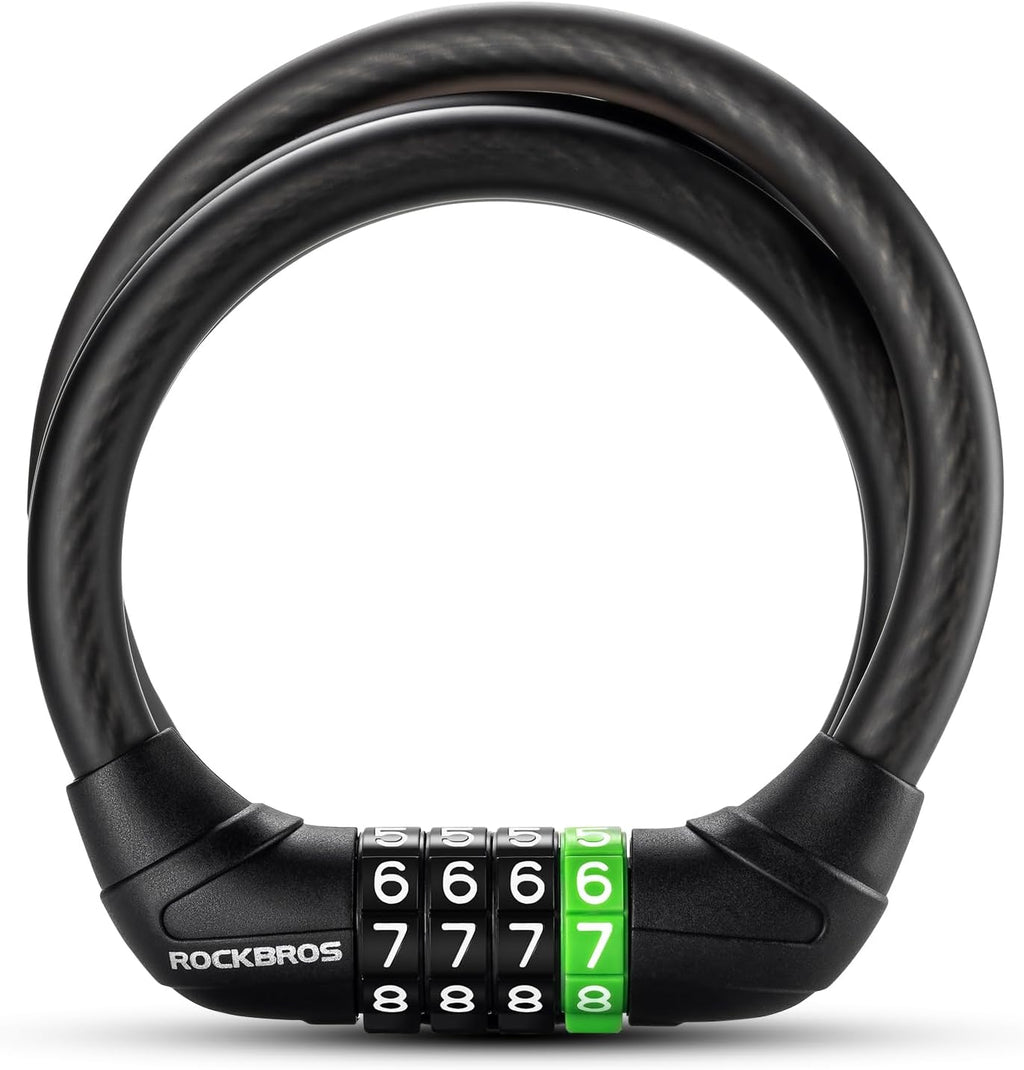 Cierro de bicicleta ROCKBROS, cierre combinado con cable y 4 códigos combinatorios, cable de acero inoxidable para bicicleta de carretera, patinete eléctrico (E‑bike), gravel y motocicleta