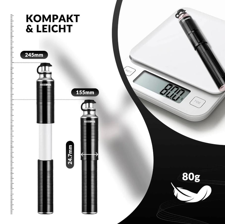 ROCKBROS bomba de aire, bomba de mano, válvulas Schrader y Presta, de aluminio, compacta, con refuerzo de presión de 110 PSI, con manguera oculta y tapa antipolvo, para bicicleta