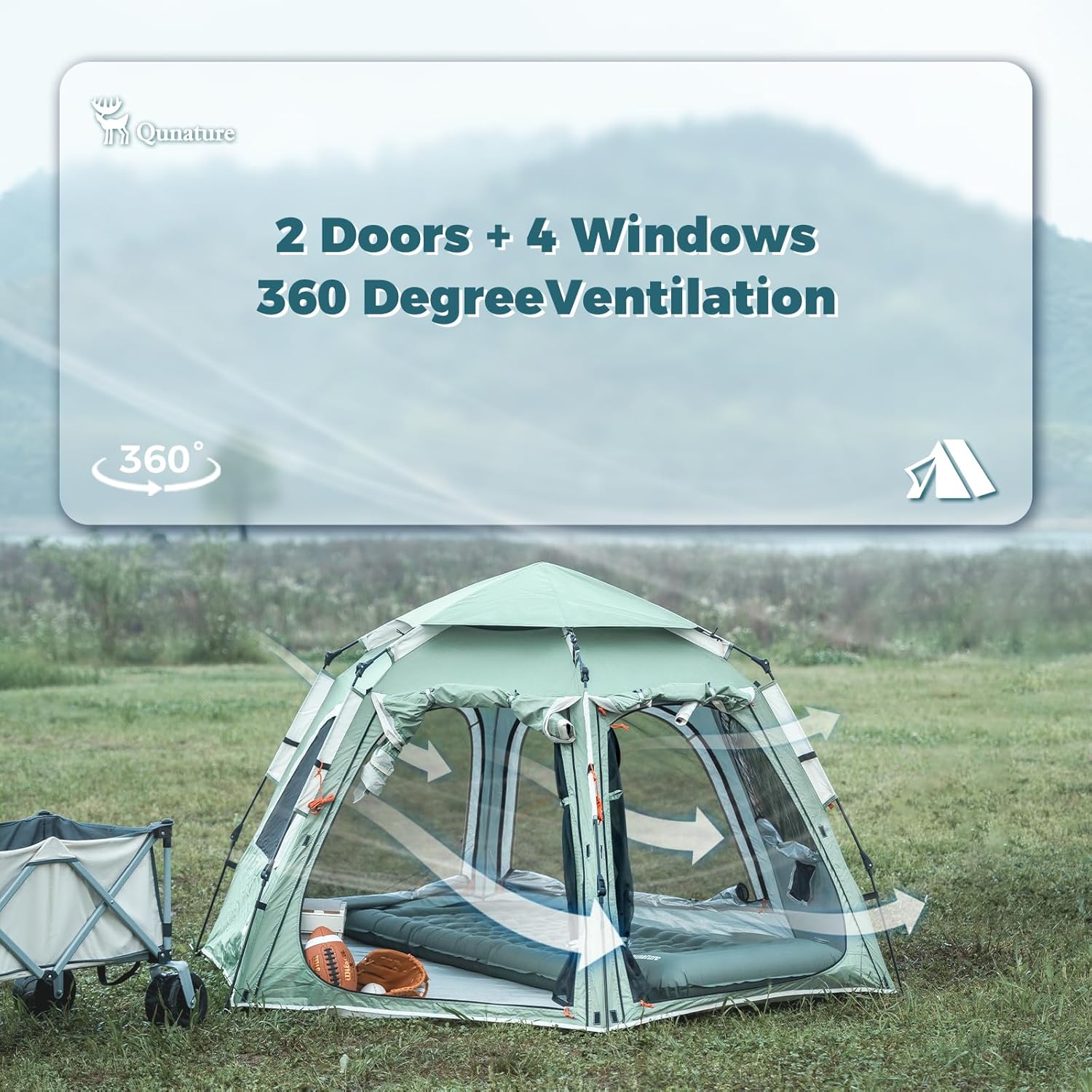 ROCKBROS tienda de campaña para exterior tipo cúpula impermeable protección solar ventilación 360° 2 puertas 4 ventanas UPF 50+ protección contra la lluvia 2000 mm ultraligera para 1-2 personas