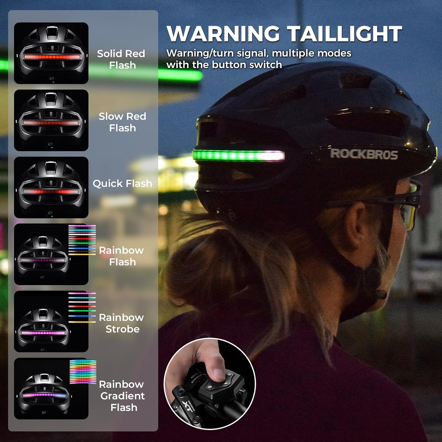 Casco de bicicleta ROCKBROS con luz trasera LED y control remoto – casco para MTB, bicicleta de carretera y e‑bike para mujeres y hombres, casco de seguridad