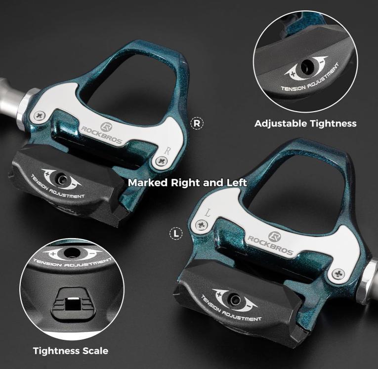 ROCKBROS Tacos de Pedal SPD, Pedal de Bicicleta de Carretera de Aleación de Aluminio con Tensión Ajustable, Rodamientos Sellados, Eje de CrMo, Incluye Clips, Duradero, Antideslizante, para Carretera y Entrenamiento