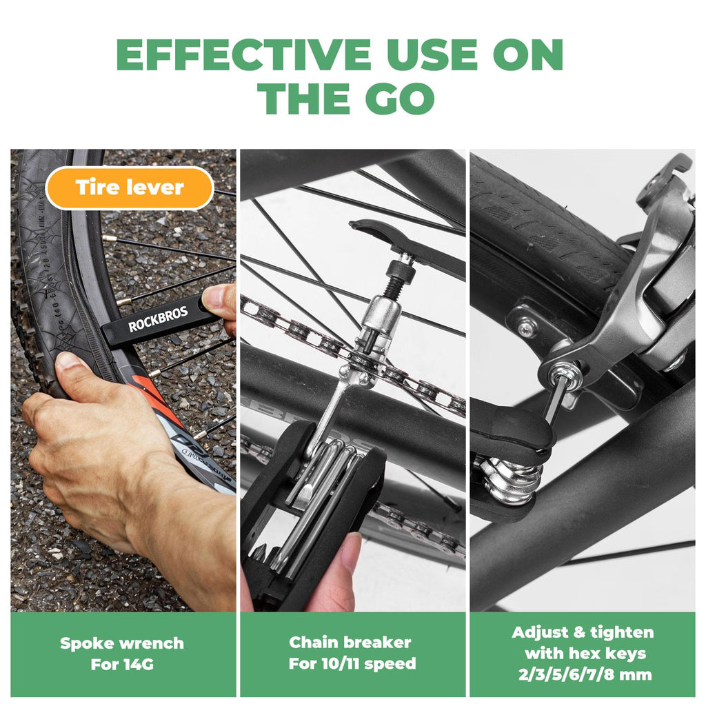 ROCKBROS Jogo de herramientas multifunción para bicicleta 12 en 1 – set compacto de herramientas con llaves Allen y Phillips, cortasetroles, elevador de neumáticos; kit mini de reparación de bicicletas resistente a la corrosión, plegable, negro, para carr