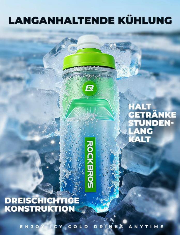 ROCKBROS botella de agua para bicicleta 620 ml, botella deportiva con función de enfriamiento durante 5 horas, sin BPA y a prueba de fugas, ideal para viajes en bicicleta y desplazamientos por negocios