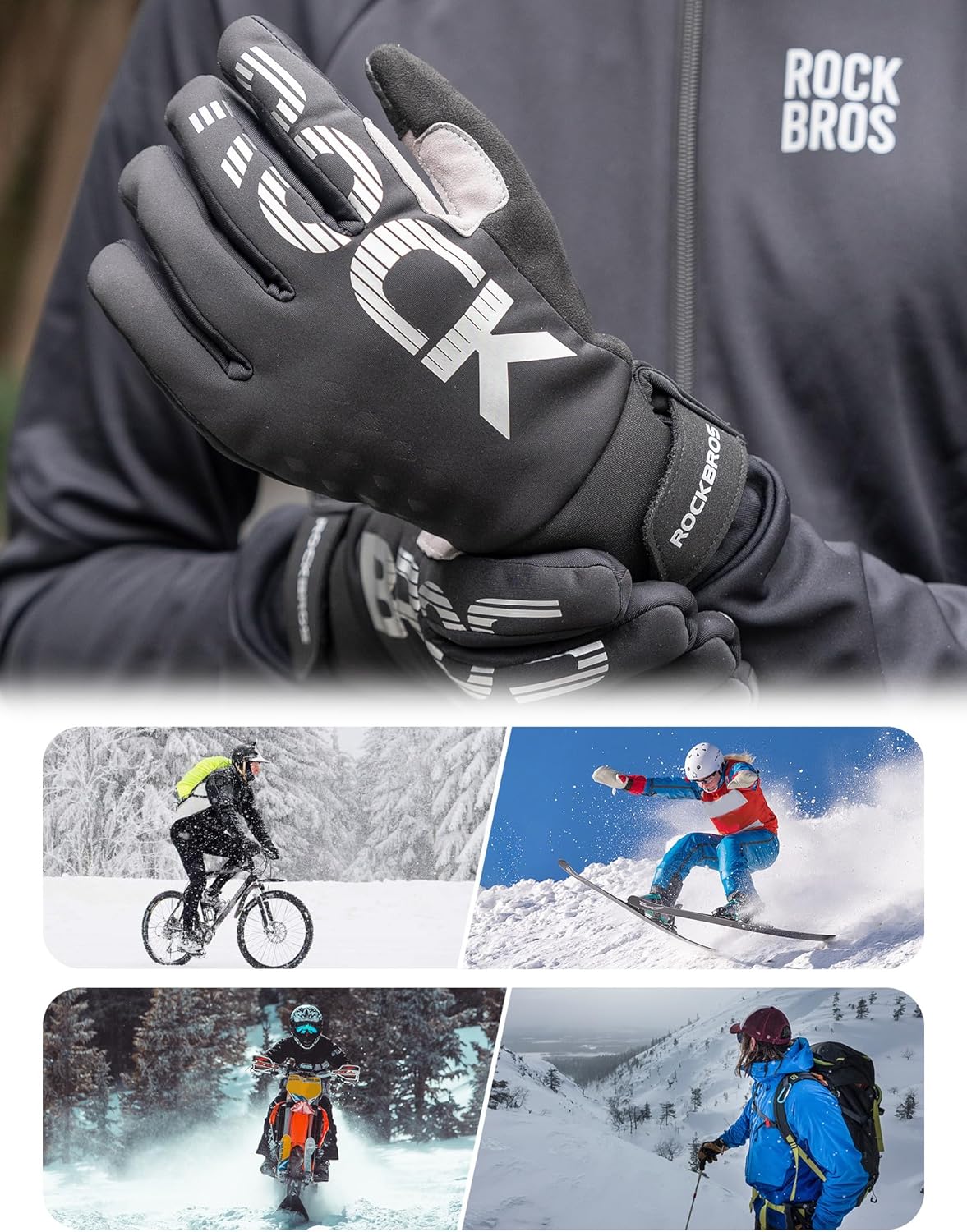 ROCKBROS Guantes de bicicleta para mujer y hombre, invierno, guantes cálidos con Thinsulate compatibles con pantalla táctil, guantes deportivos para ciclismo, MTB, escalada, correr y actividades al aire libre