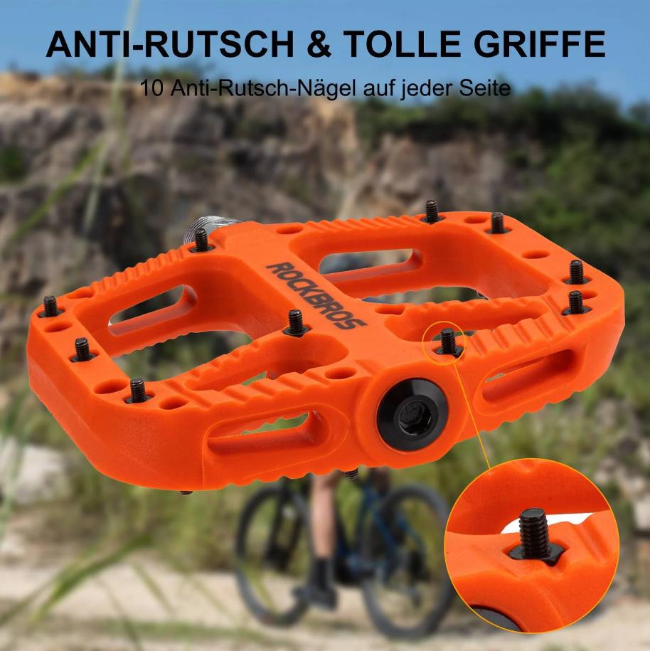 ROCKBROS Pedales MTB premium de nylon con 3 rodamientos de bolas, 9/16 inch, piquetas antideslizantes naranjas, pedales de bicicleta para MTB