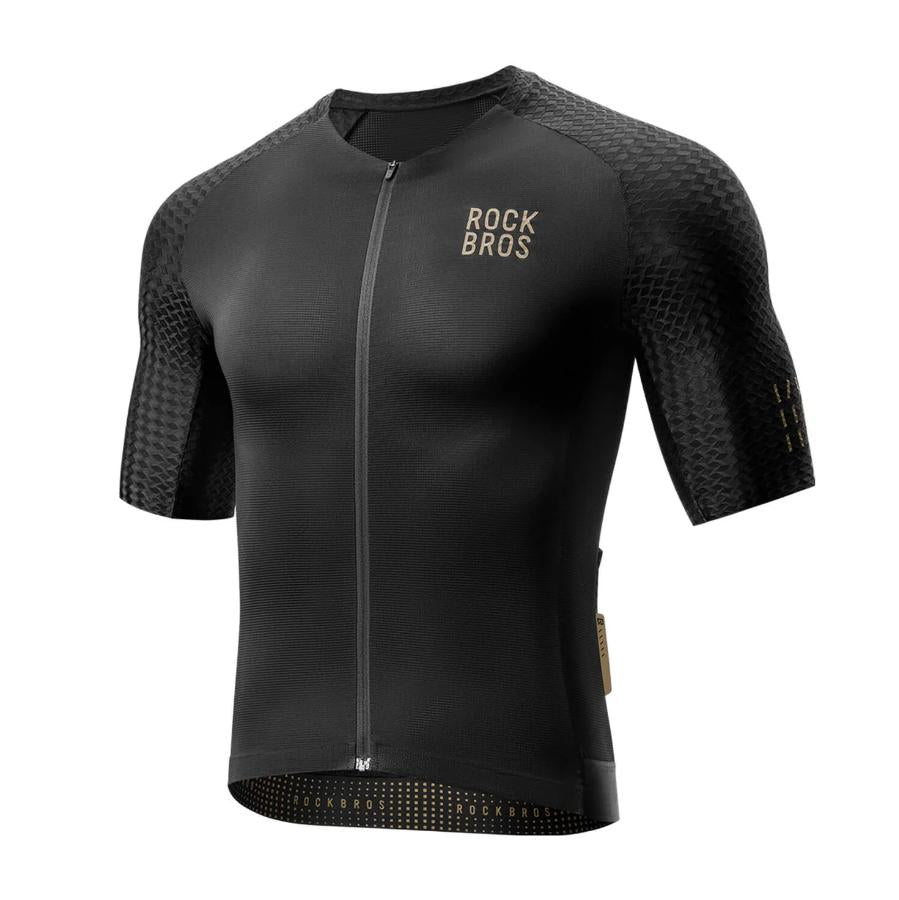 ROCKBROS Camiseta de ciclismo de manga corta para hombre Jersey de ciclismo de alto rendimiento para MTB y ciclismo de carretera Material premium Tecnología de ventilación 3D Logotipo reflectante en dorado Cuello en V y ajuste sin costuras