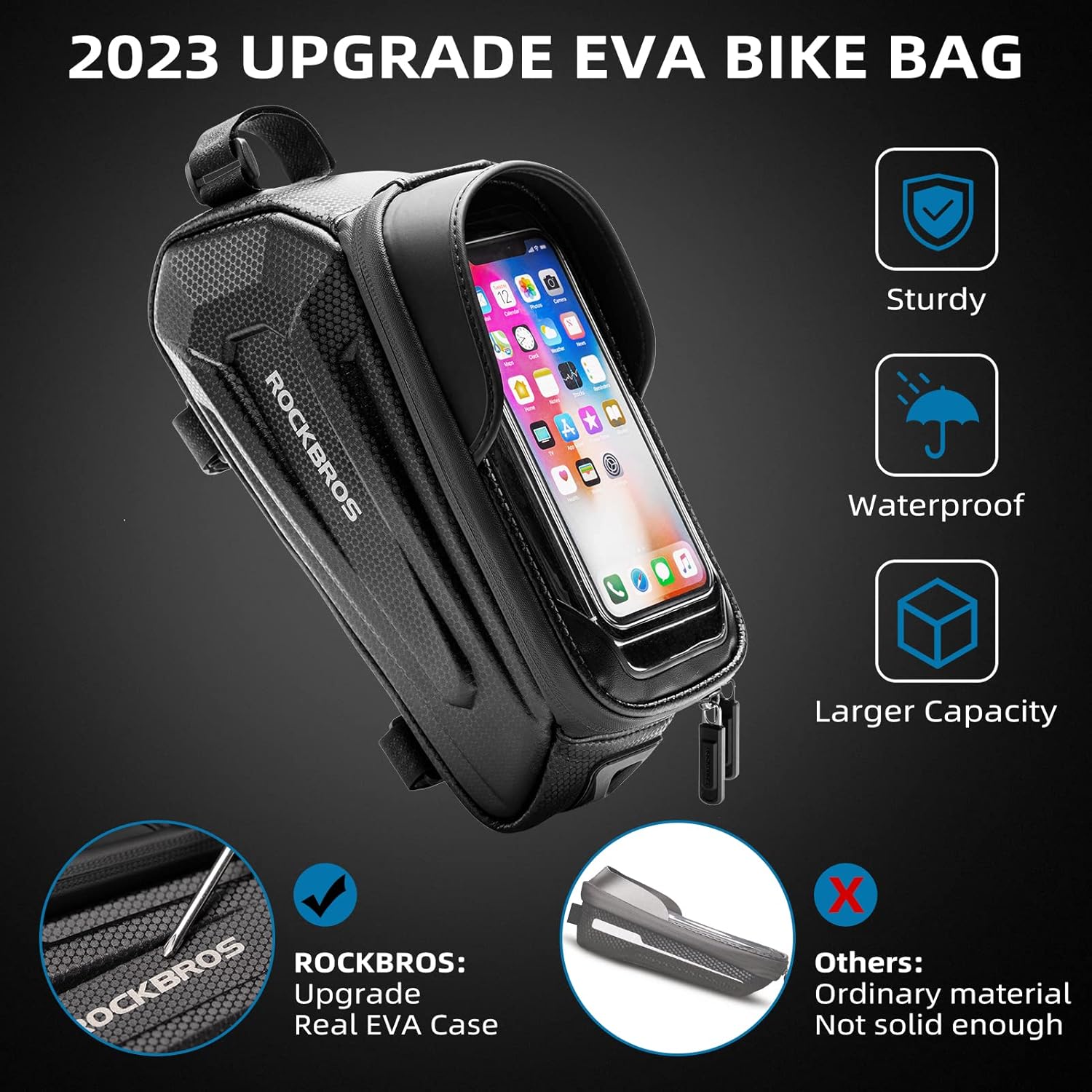 ROCKBROS Bolsa de bicicleta impermeable con pantalla táctil TPU, 1,7 l y 1,3 l, resistente al desgaste, reflectante, gran capacidad, adecuada para teléfonos móviles de hasta 6,8 inch, carcasa rígida de EVA 3D, con protección contra la lluvia