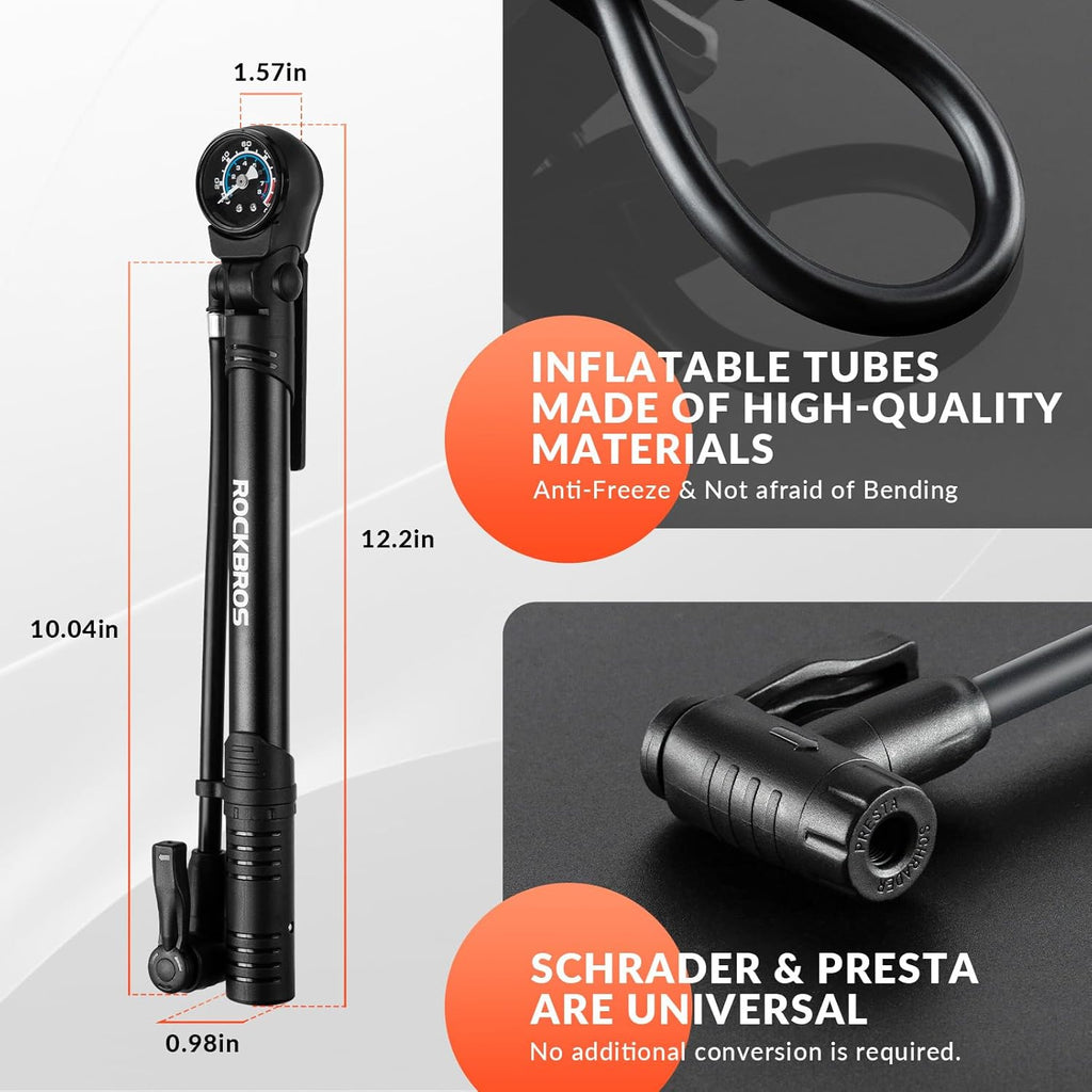 ROCKBROS Bomba de aire para bicicleta 120 PSI con manómetro, portátil y ligera, mini bomba de bicicleta con mango giratorio para válvulas Presta y Schrader