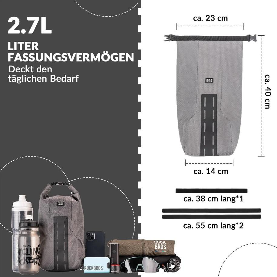 ROCKBROS Bolsa de Portaequipajes para Horquilla Delantera de 2,7 L, Impermeable, Material TPU, Diseño de Cierre enrollable, 4 Litros, Incluye Correa de 79,5 cm, Ligera y Compacta