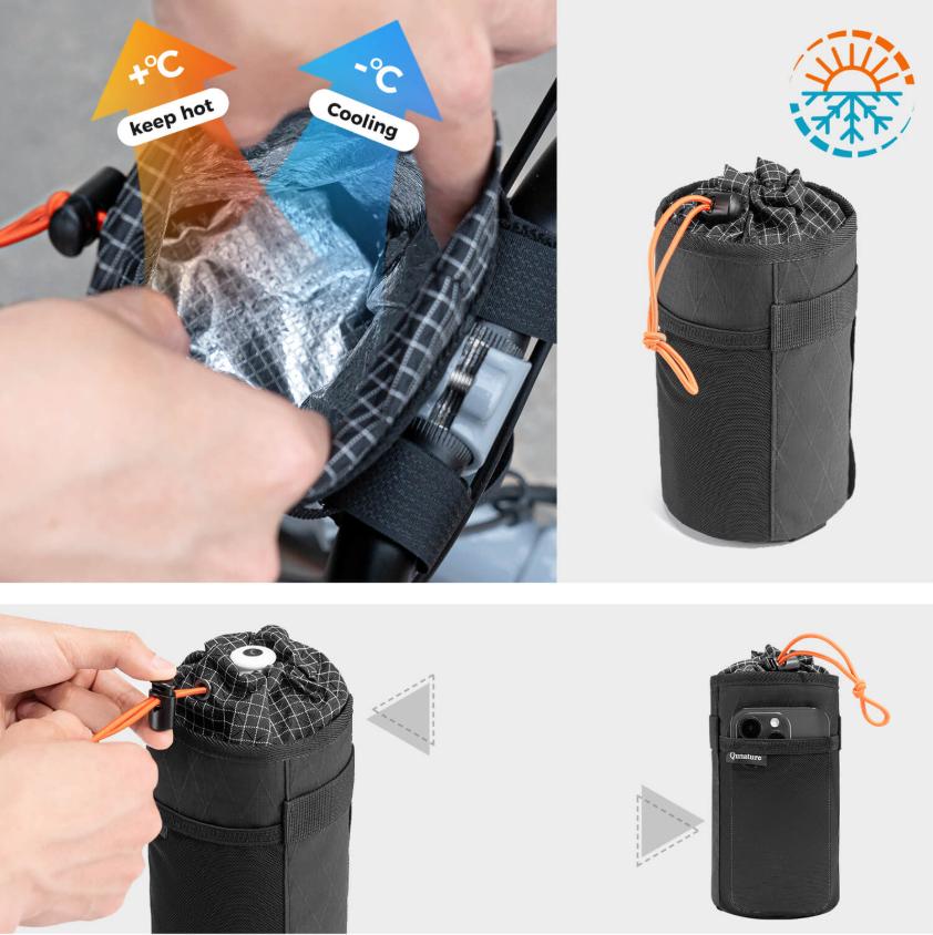 ROCKBROS bolsa térmica para botellas de agua con aislamiento térmico, lámina de aluminio, bolsillo lateral extensible, cierres de velcro robustos, cierre ajustable con cordón, compatibilidad universal para bicicletas de carretera, mountain bikes y e‑bikes