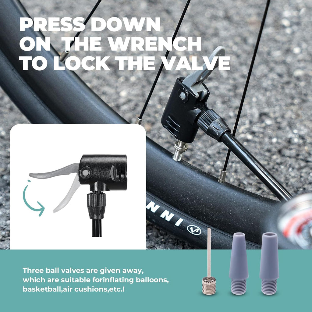 ROCKBROS Bomba de pie para bicicleta 150 PSI con manómetro, bomba de aire para bicicleta, compatible con carretera y MTB
