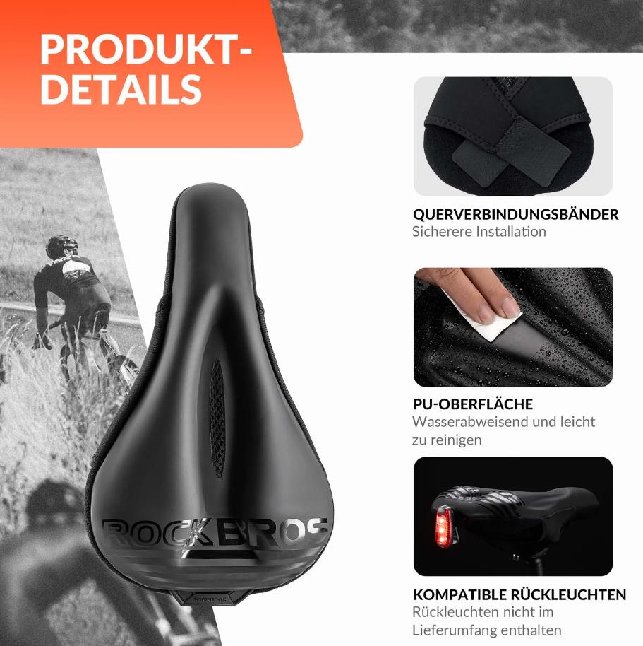 ROCKBROS Funda de sillín para bicicleta acolchada con gel, suave y de silicona y tejido PU, compatible con MTB, bici de carretera, trekking, plegable y entrenamiento en casa