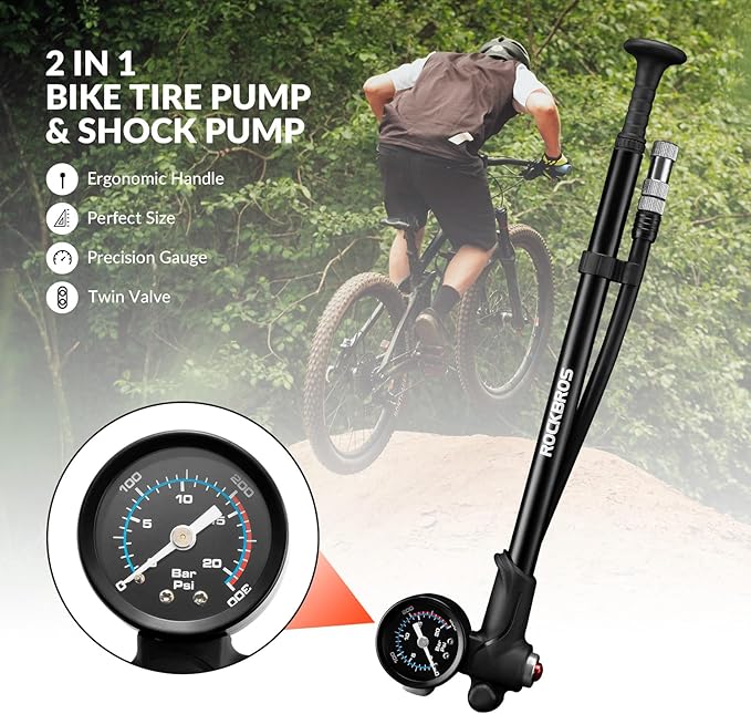 ROCKBROS bomba de aire para horquilla, ruedas y amortiguador, bomba de aire de alta presión de 300 PSI con manómetro, bomba de amortiguador compatible con válvulas Schrader y Presta para bicicletas de montaña y de carretera