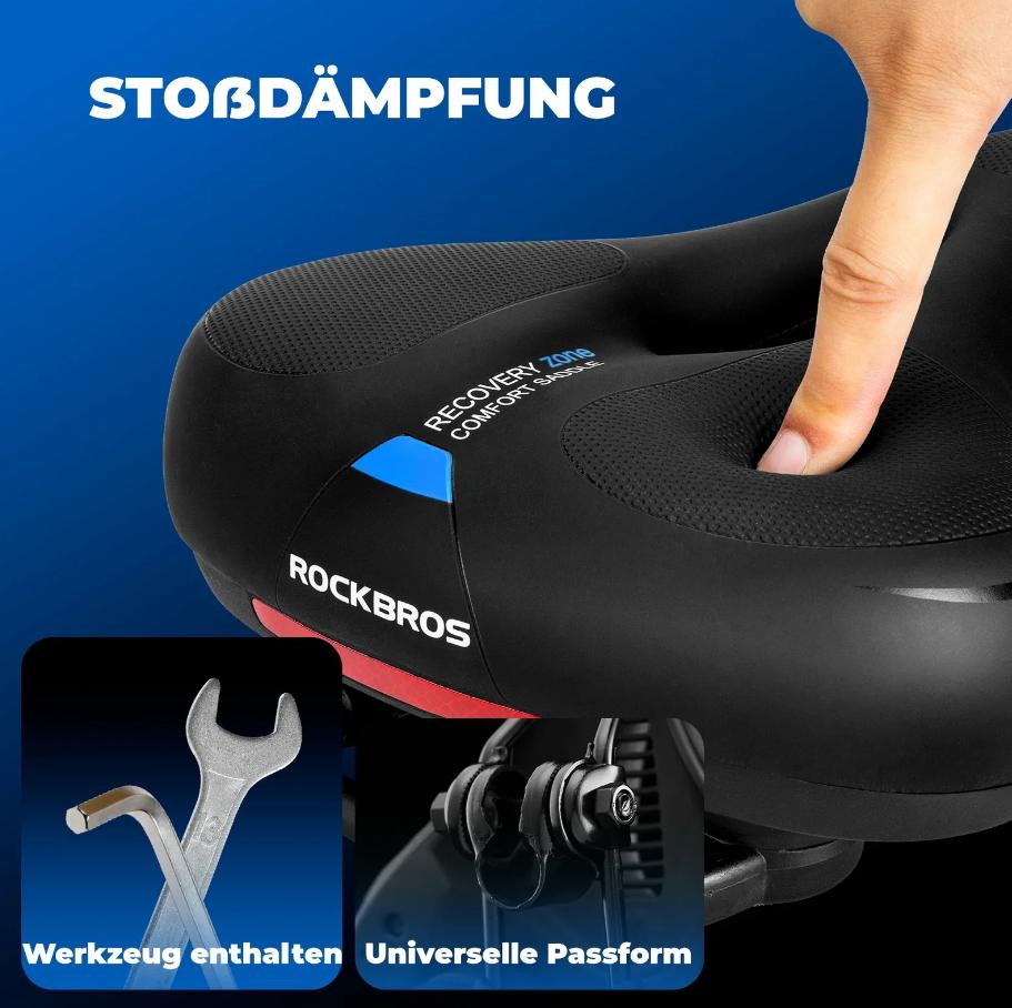 ROCKBROS sillín de espuma viscoelástica anti dolor para bicicleta, 26 x 22 cm, cuero PU impermeable y espuma viscoelástica transpirable y antideslizante, máximo confort para MTB, bicicleta de carretera y e‑bike, diseño reflectante