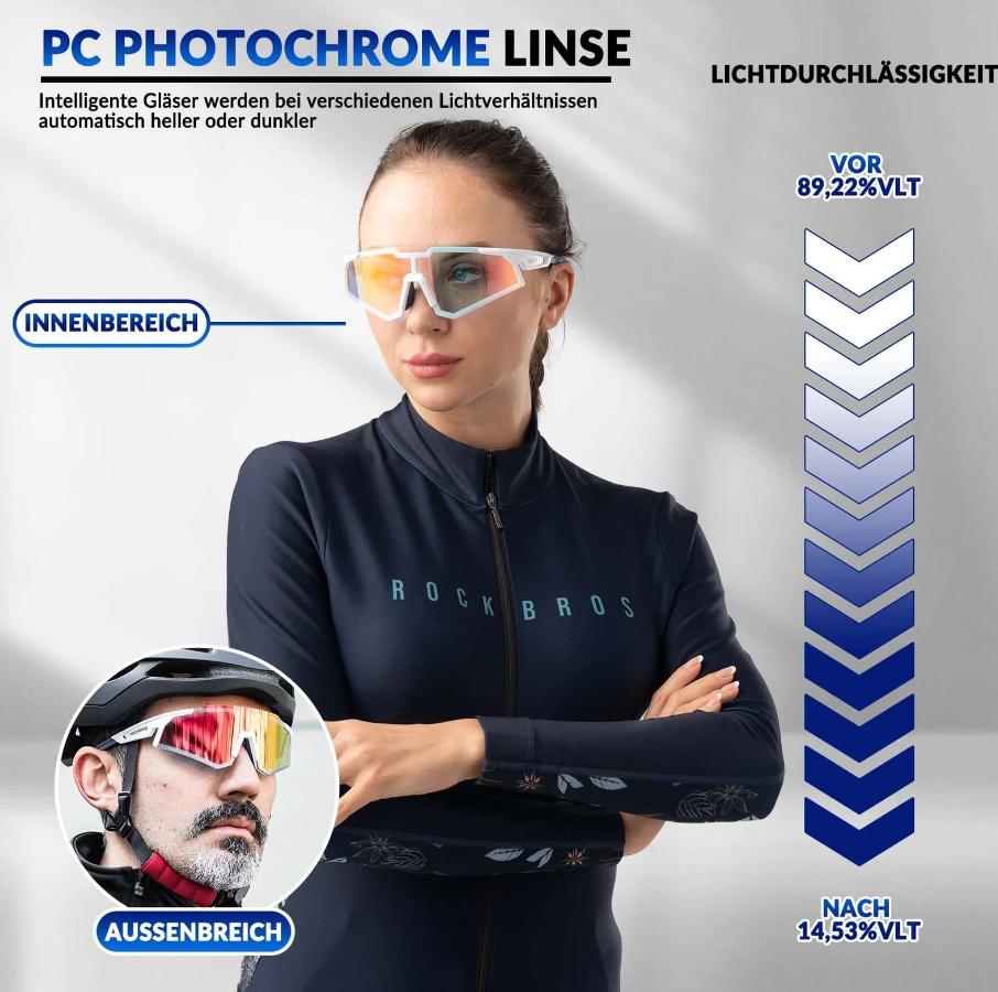 ROCKBROS Gafas de sol Gafas de ciclismo Gafas automáticas fotocromáticas al aire libre Protección UV400 Lente de PC Marco TR93 Agujeros de ventilación Tira de goma antideslizante 31g Ligero