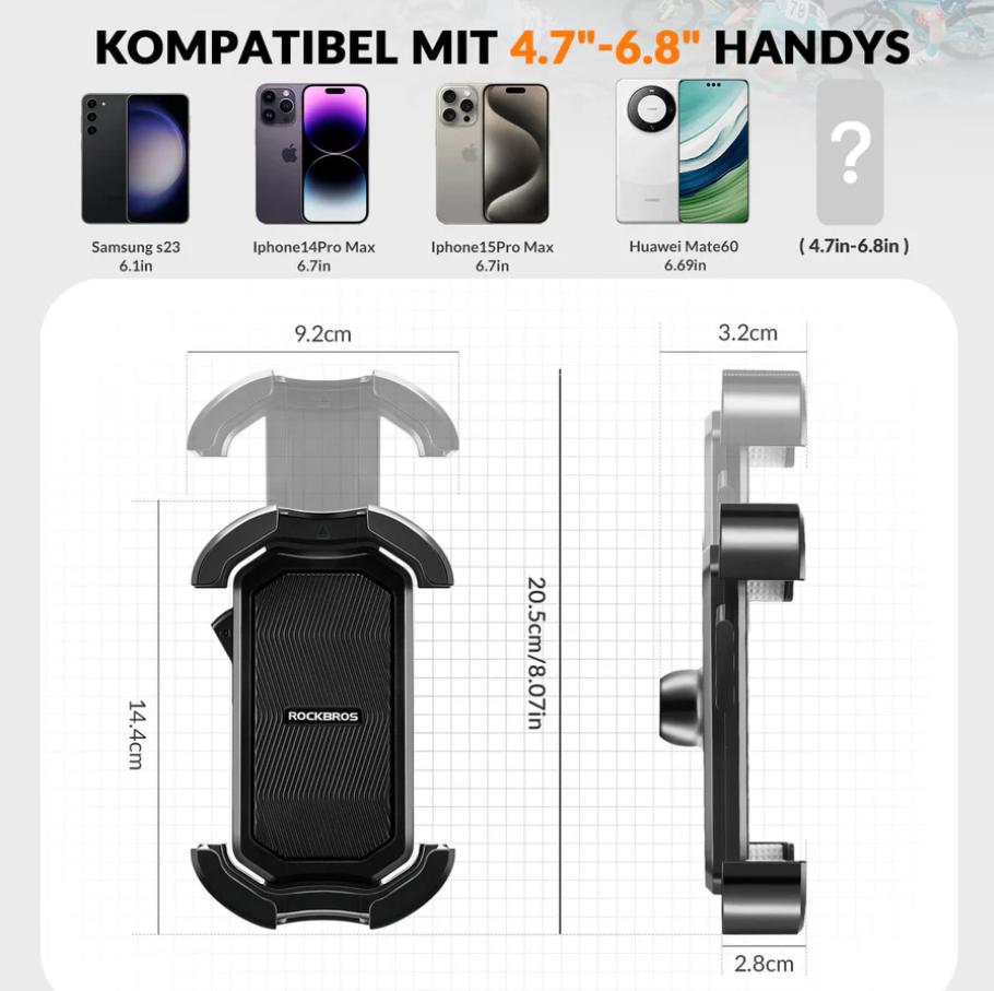 ROCKBROS Soporte Móvil Bicicleta & Moto – Rotación 360°, Antigolpes & Seguro, para Smartphones 4.7–7 Pulgadas, Fácil Instalación Material EVA Resistente Puerto de Carga Compatible con Teléfonos, Ideal E-Bike, Bicicleta de Carretera, MTB, Urbano