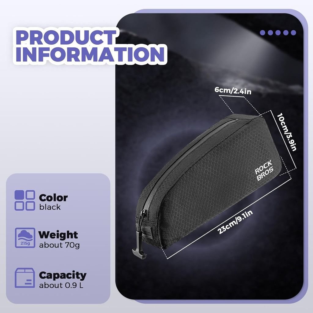 ROCKBROS Bolsa de Bicicleta para Marco Impermeable 0.9L Negro Resistente de Nylon con Rayas de Alta Reflexión para MTB y Uso Diario