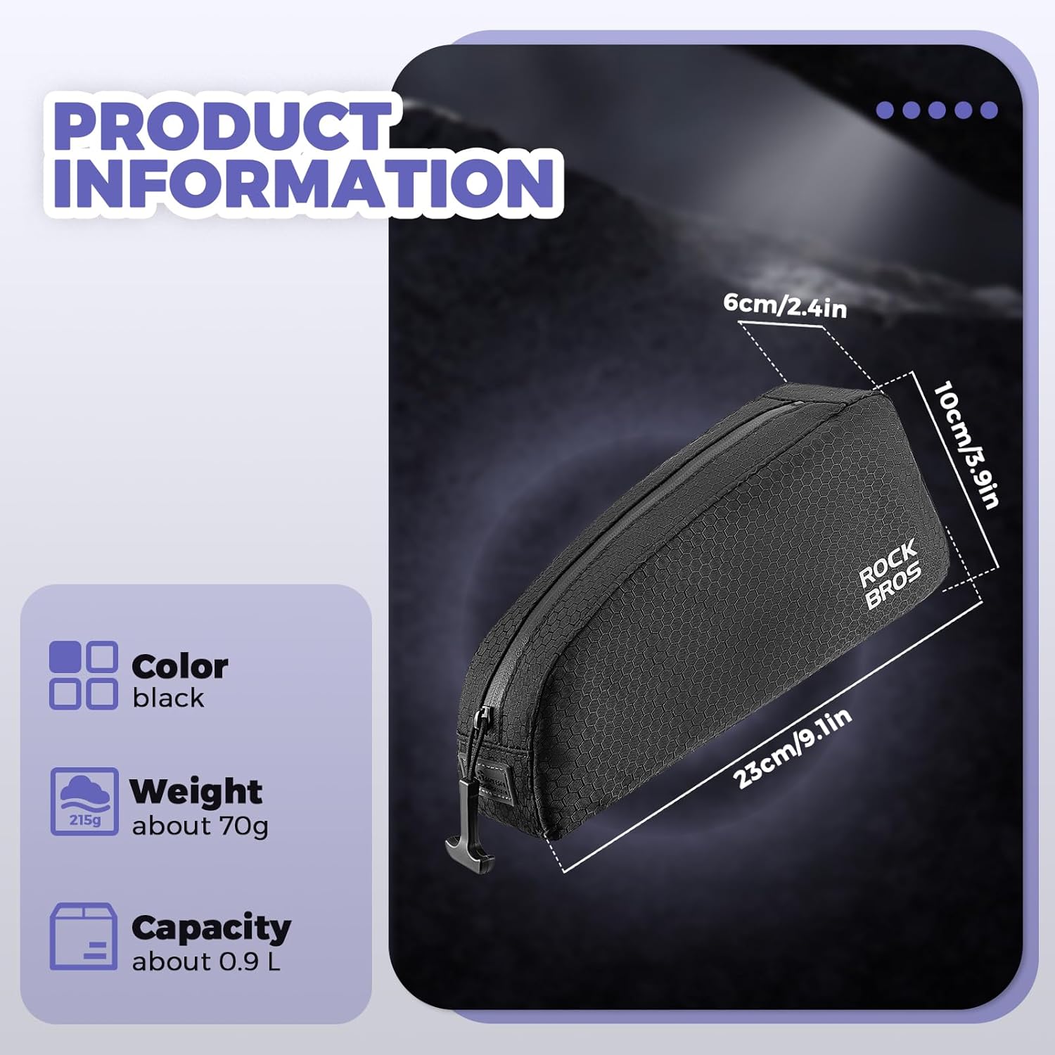 ROCKBROS Bolsa de Bicicleta para Marco Impermeable 0.9L Negro Resistente de Nylon con Rayas de Alta Reflexión para MTB y Uso Diario
