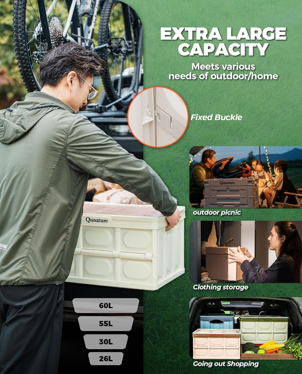 ROCKBROS Qunature caja de camping con tapa 60 L, contenedor de almacenaje plegable de PP para camping al aire libre, viajes, familia, maletero del coche, multifuncional y apilable, 2 tamaños, alta capacidad de carga, puertas cerrables, tabla de cortar ext