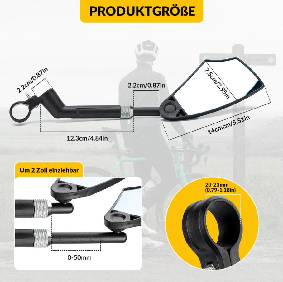 Espejo de bicicleta ROCKBROS, espejo retrovisor giratorio 360°, plegable para manillar (20–23 mm), visión HD, seguridad, diseño anti deslumbramiento, resistente a explosiones, material PA, diseño anti deslumbramiento para viajes nocturnos