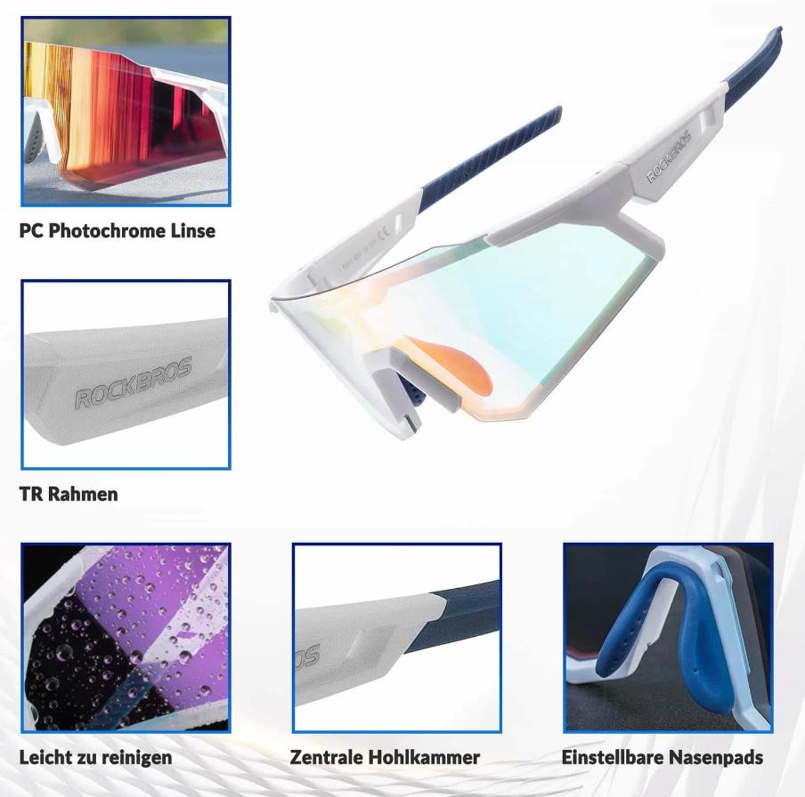 ROCKBROS Gafas de sol Gafas de ciclismo Gafas automáticas fotocromáticas al aire libre Protección UV400 Lente de PC Marco TR93 Agujeros de ventilación Tira de goma antideslizante 31g Ligero