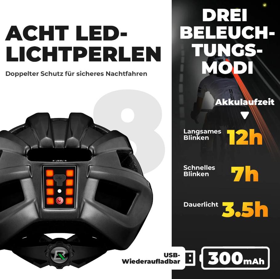 ROCKBROS Casco de Ciclismo con Luz Trasera 55-60cm, 8 Perlas LED, 3 Modos, Batería de 300 mAh, Ventilación Transpirable, Ligero y Cómodo, Incluye Módulo de Luz Trasera Incorporado