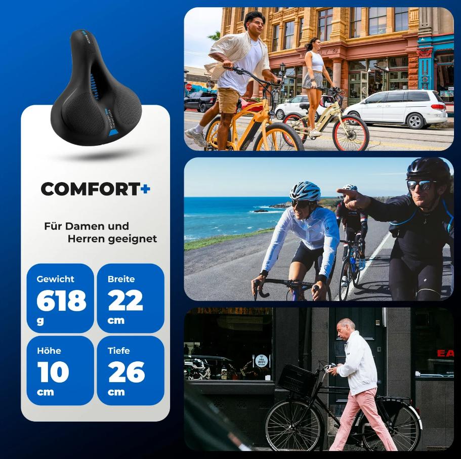 ROCKBROS sillín de espuma viscoelástica anti dolor para bicicleta, 26 x 22 cm, cuero PU impermeable y espuma viscoelástica transpirable y antideslizante, máximo confort para MTB, bicicleta de carretera y e‑bike, diseño reflectante