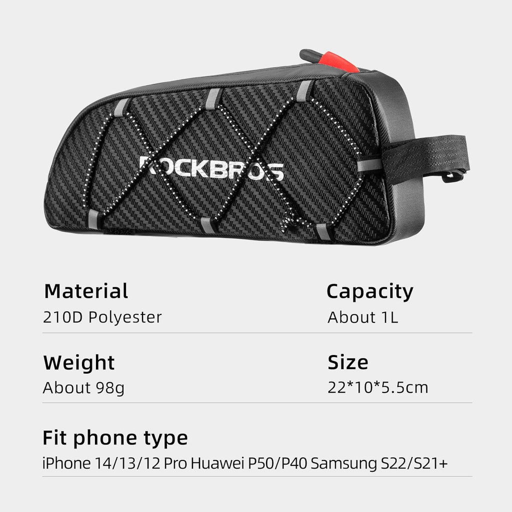 ROCKBROS Bolsa de Bicicleta Impermeable Manillar Superior Bolsa de Bicicleta Negro 1L con 3 Cierres de Velcro Ajustables y Elemento Reflectante 210D Poliéster para Bicicleta