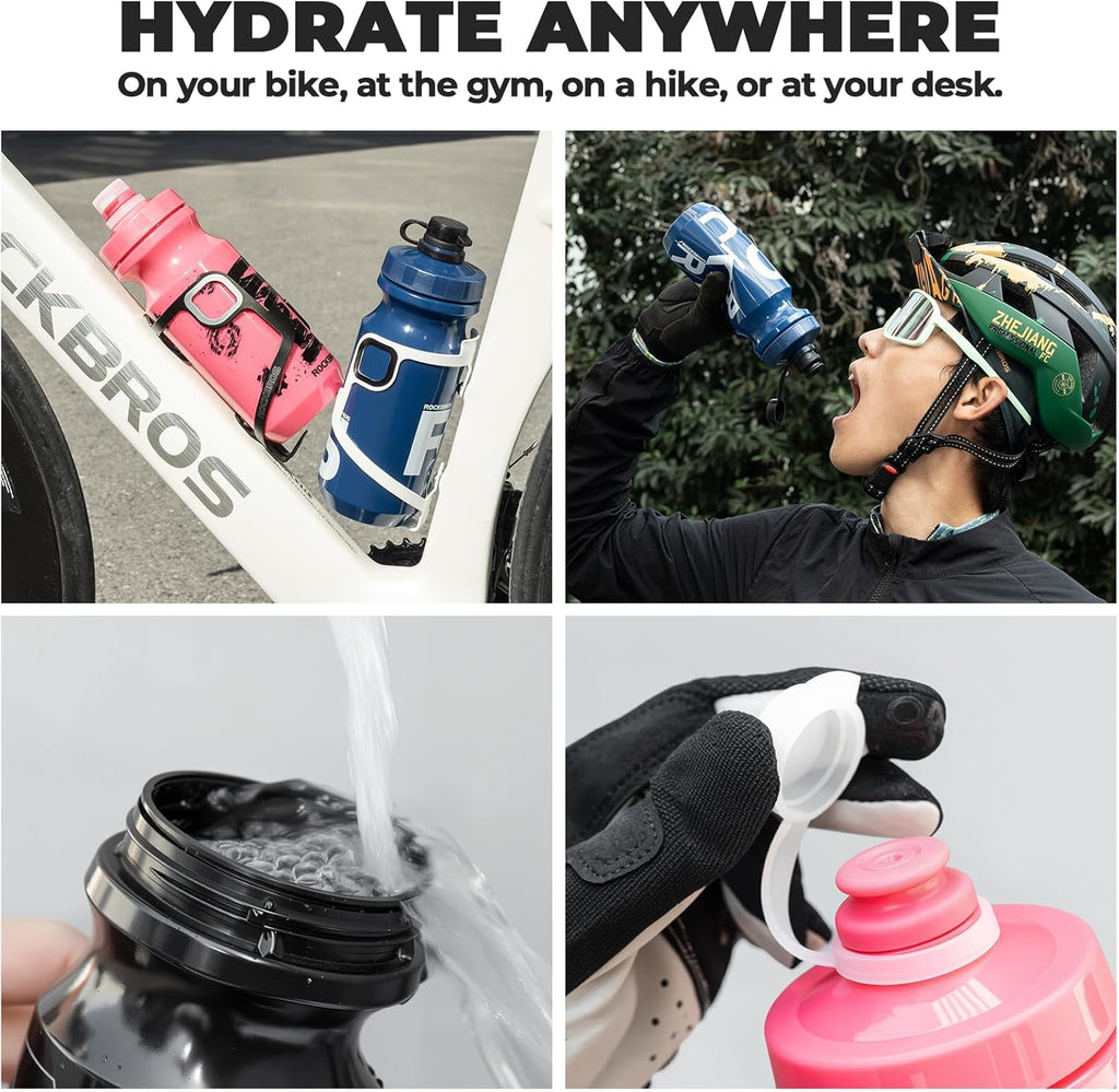 ROCKBROS botella de agua 600 ml a prueba de fugas sin BPA botella deportiva para ciclismo senderismo actividades al aire libre trabajo escuela rosa material PP5 diseño ergonómico