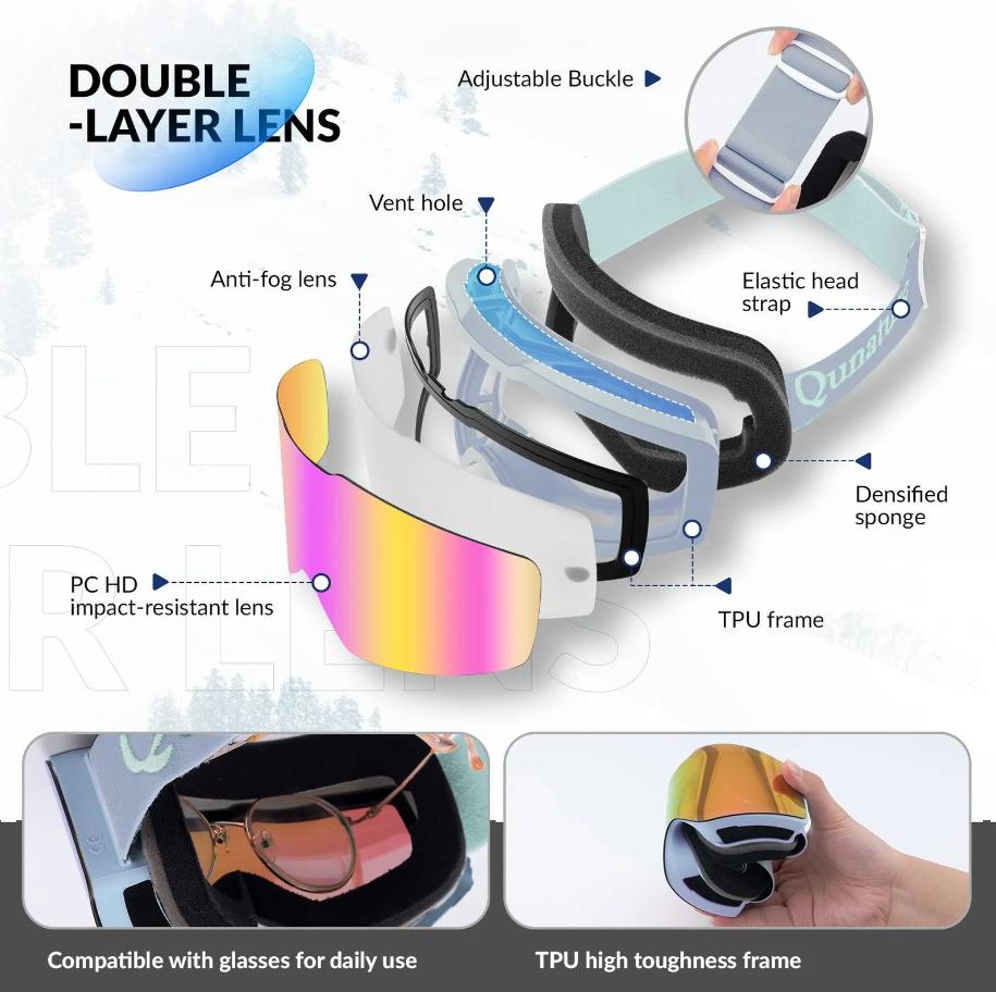 ROCKBROS Qunature UV400 gafas de esquí antivaho sin montura con visión panorámica, recubrimiento HD antirreflejos, acolchado de espuma cómodo, correa ajustable, negro, rosa-verde, rosa pasa montañas