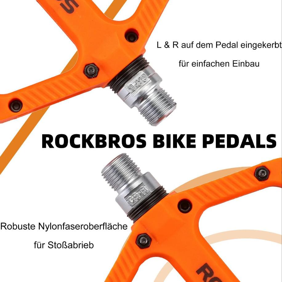ROCKBROS Pedales MTB premium de nylon con 3 rodamientos de bolas, 9/16 inch, piquetas antideslizantes naranjas, pedales de bicicleta para MTB