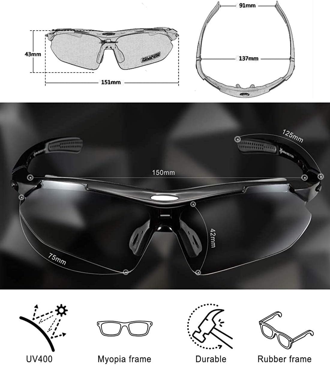 Gafas de ciclismo ROCKBROS polarizadas con 5 lentes intercambiables para mujer y hombre, gafas deportivas para bicicleta, aptas para deportes al aire libre como ciclismo, correr y pesca; gafas de ciclismo estilo ciervo