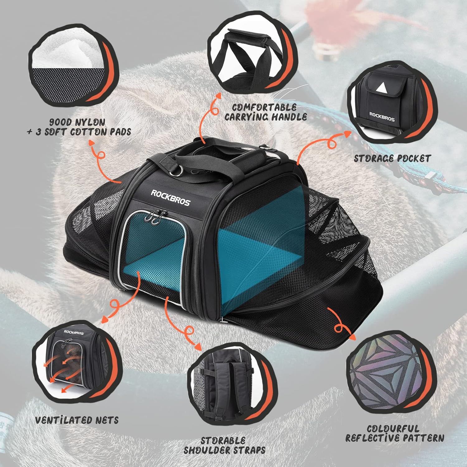 ROCKBROS bolsa de transporte para mascotas, bolso de viaje para gatos y perros 41,5x27,5x23,5 cm plegable 5 formas de llevar 25 L transportín de 900D nylon con ventanas de malla y almohadillas desmontables
