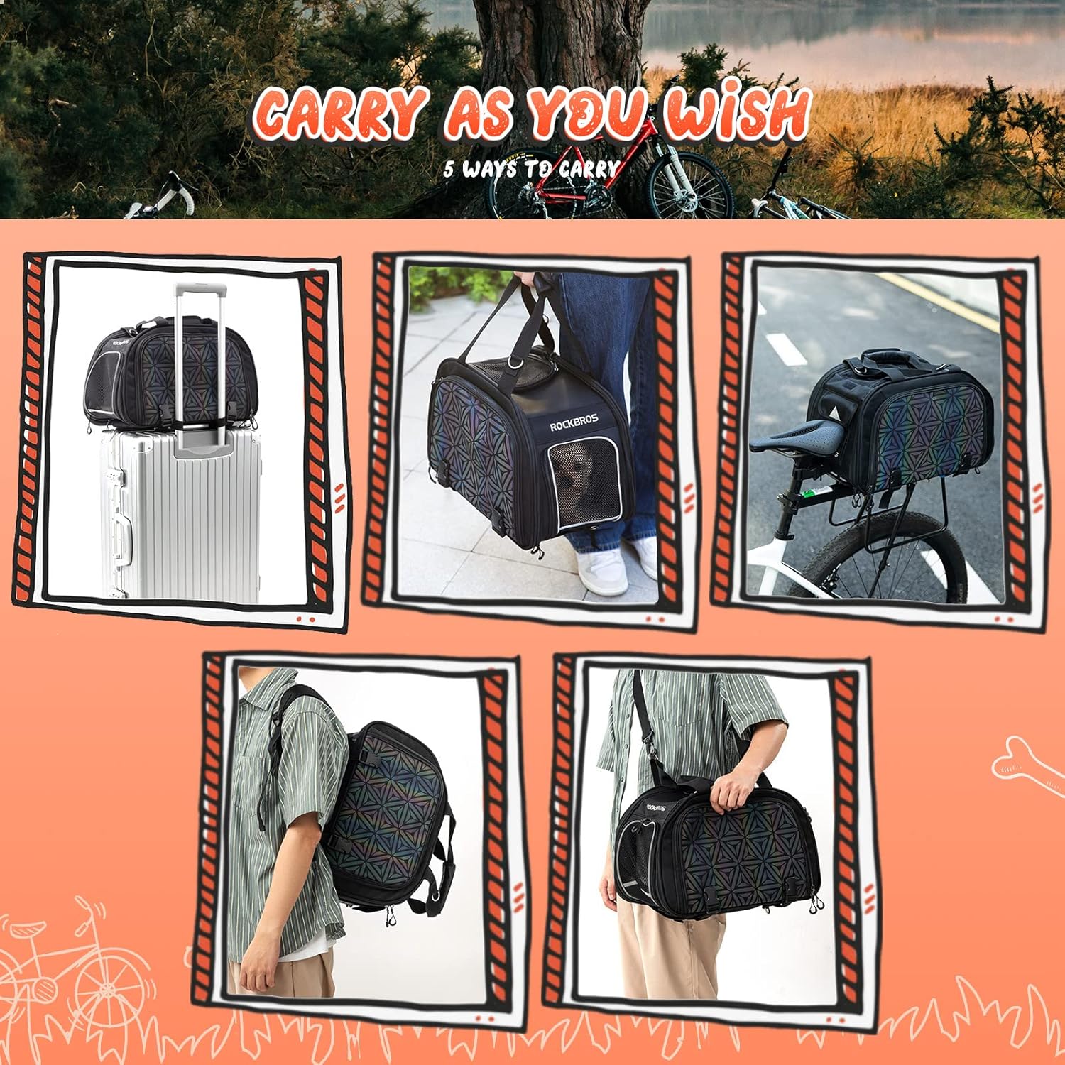 ROCKBROS bolsa de transporte para mascotas, bolso de viaje para gatos y perros 41,5x27,5x23,5 cm plegable 5 formas de llevar 25 L transportín de 900D nylon con ventanas de malla y almohadillas desmontables