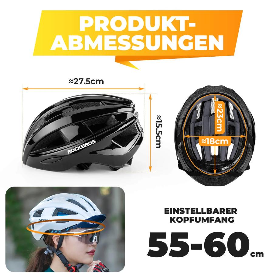 ROCKBROS Casco de Ciclismo con Luz Trasera 55-60cm, 8 Perlas LED, 3 Modos, Batería de 300 mAh, Ventilación Transpirable, Ligero y Cómodo, Incluye Módulo de Luz Trasera Incorporado