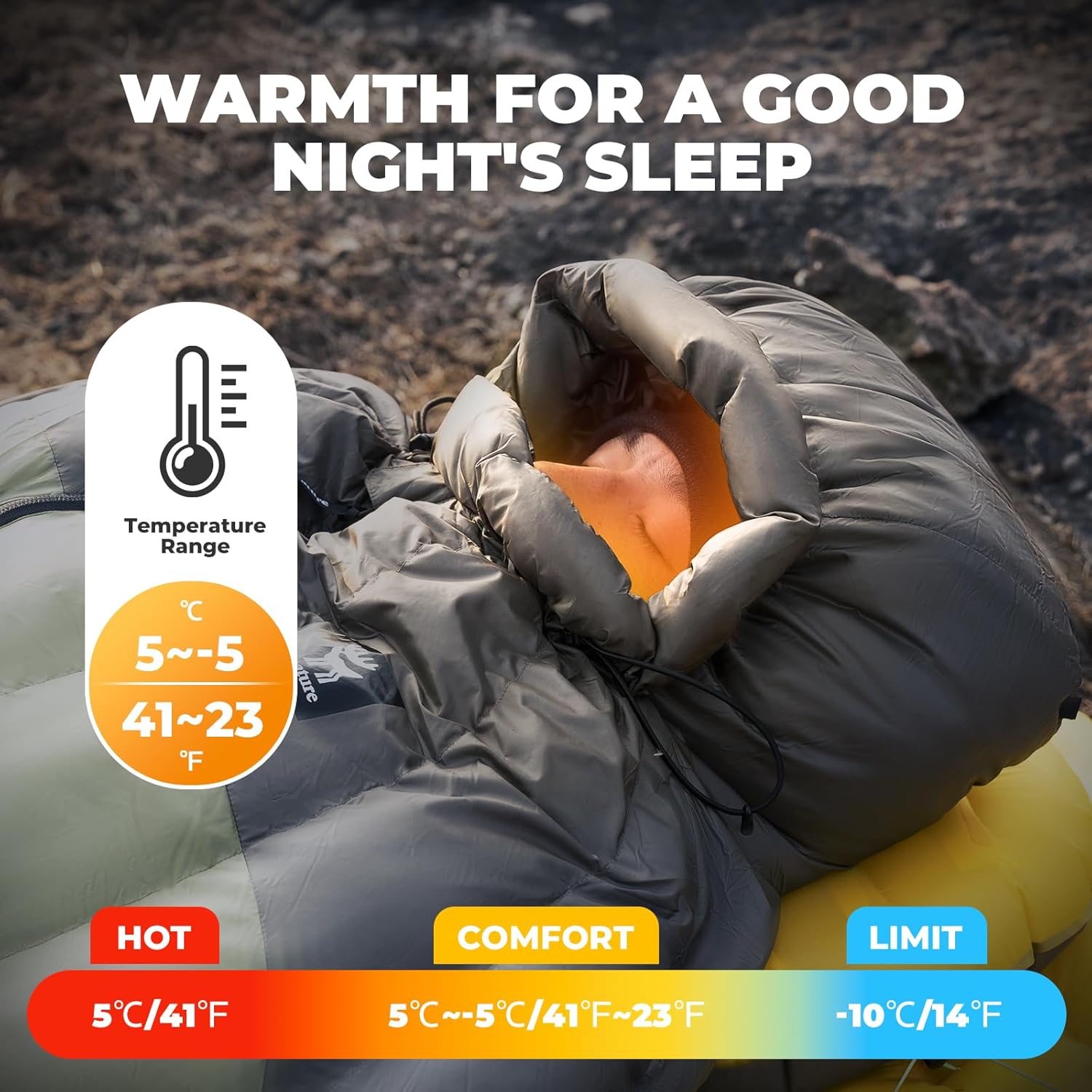 ROCKBROS Qunature saco de dormir ultraligero para -10°C a -5°C diseño mumia con relleno de 90% de plumas & protección antiviento 3D ideal para camping al aire libre & excursiones de montaña