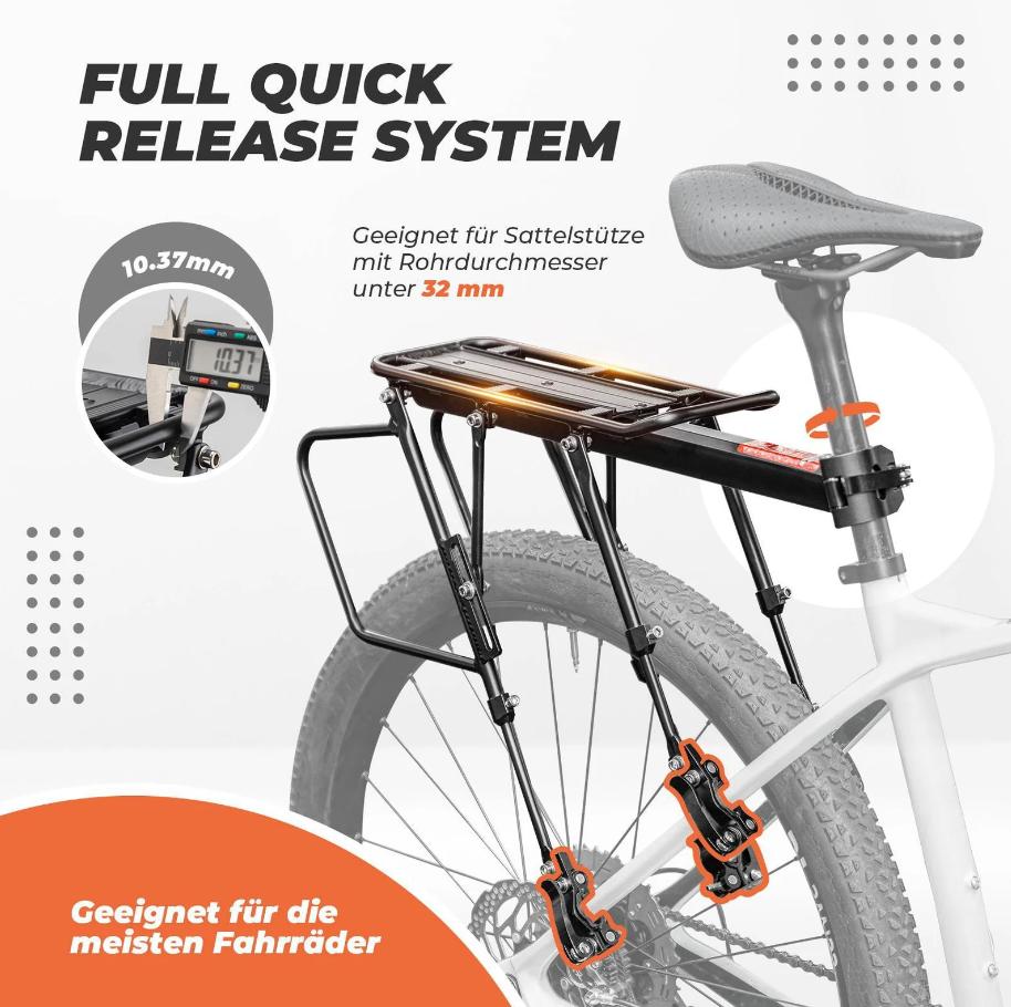 ROCKBROS portapaciente de bicicleta ajustable con cierre rápido y reflector, aleación de aluminio, diámetro de 10,37 mm, capacidad de carga de 75 kg, práctico y rápido para bicicletas de 24–29 inch