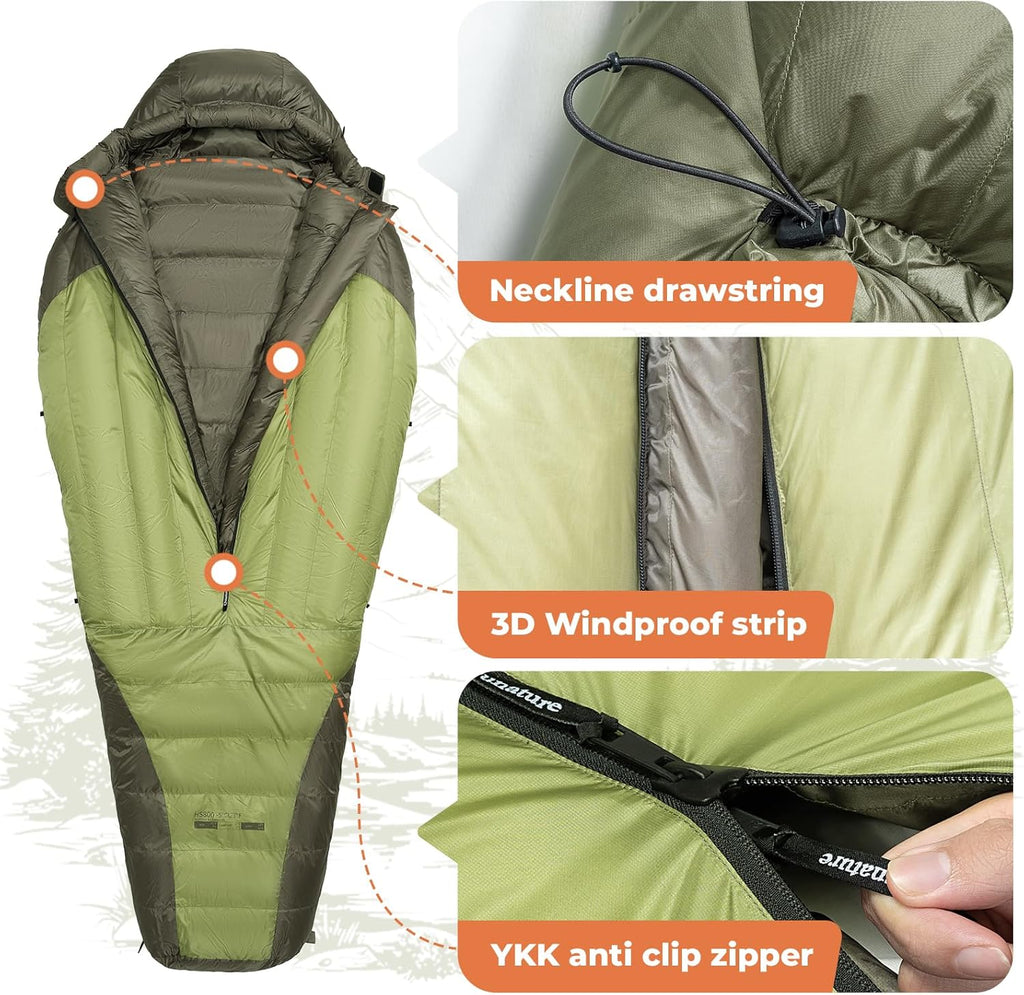 ROCKBROS Qunature saco de dormir ultraligero para -10°C a -5°C diseño mumia con relleno de 90% de plumas & protección antiviento 3D ideal para camping al aire libre & excursiones de montaña