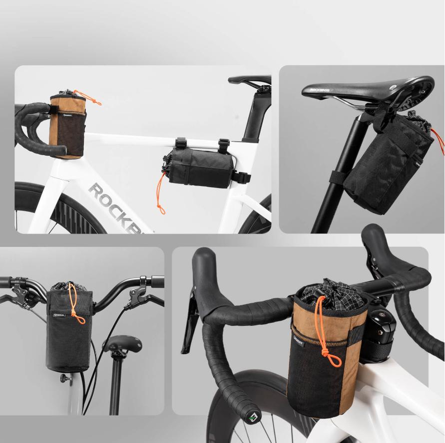 ROCKBROS bolsa térmica para botellas de agua con aislamiento térmico, lámina de aluminio, bolsillo lateral extensible, cierres de velcro robustos, cierre ajustable con cordón, compatibilidad universal para bicicletas de carretera, mountain bikes y e‑bikes