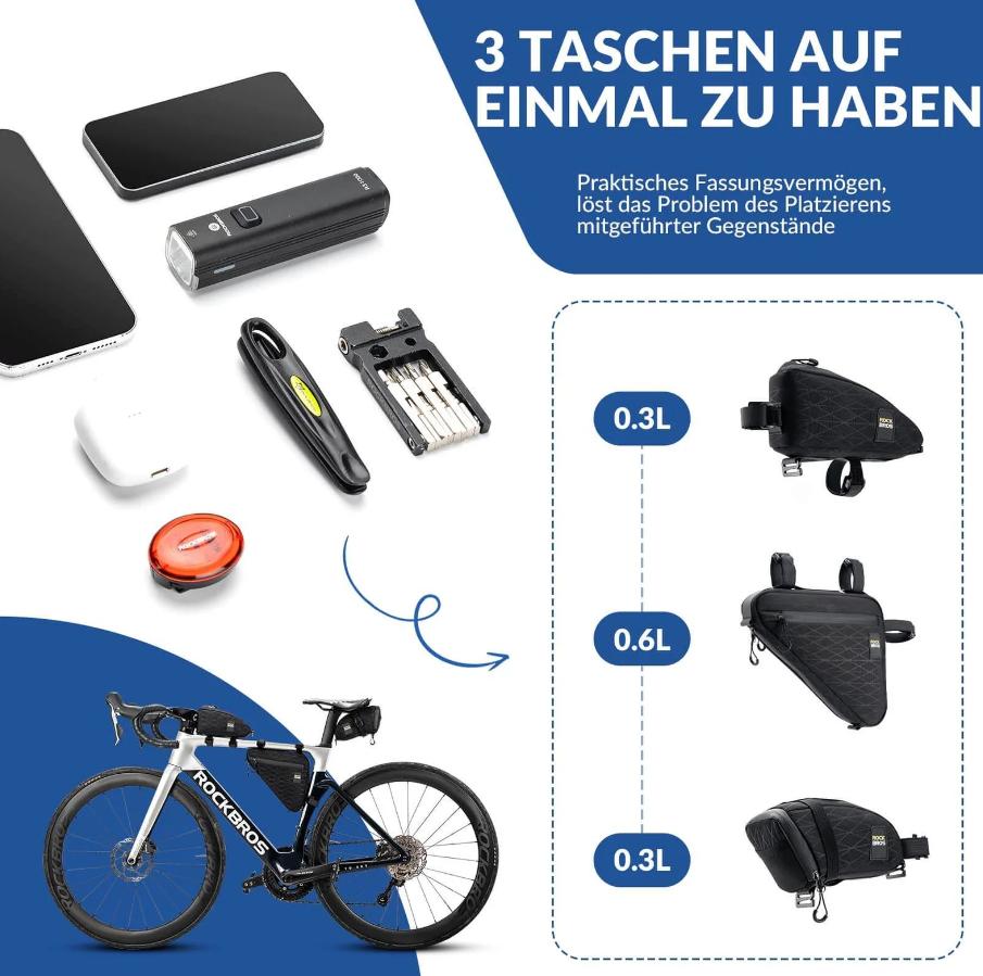 ROCKBROS Bolsa de Bicicleta Set Bolsa de Marco*2+Bolsa de Sillín*1 1.2L con Correa de Hombro Ajustable Multifuncional＆Ligero Instalado de Poliéster de Alta Densidad