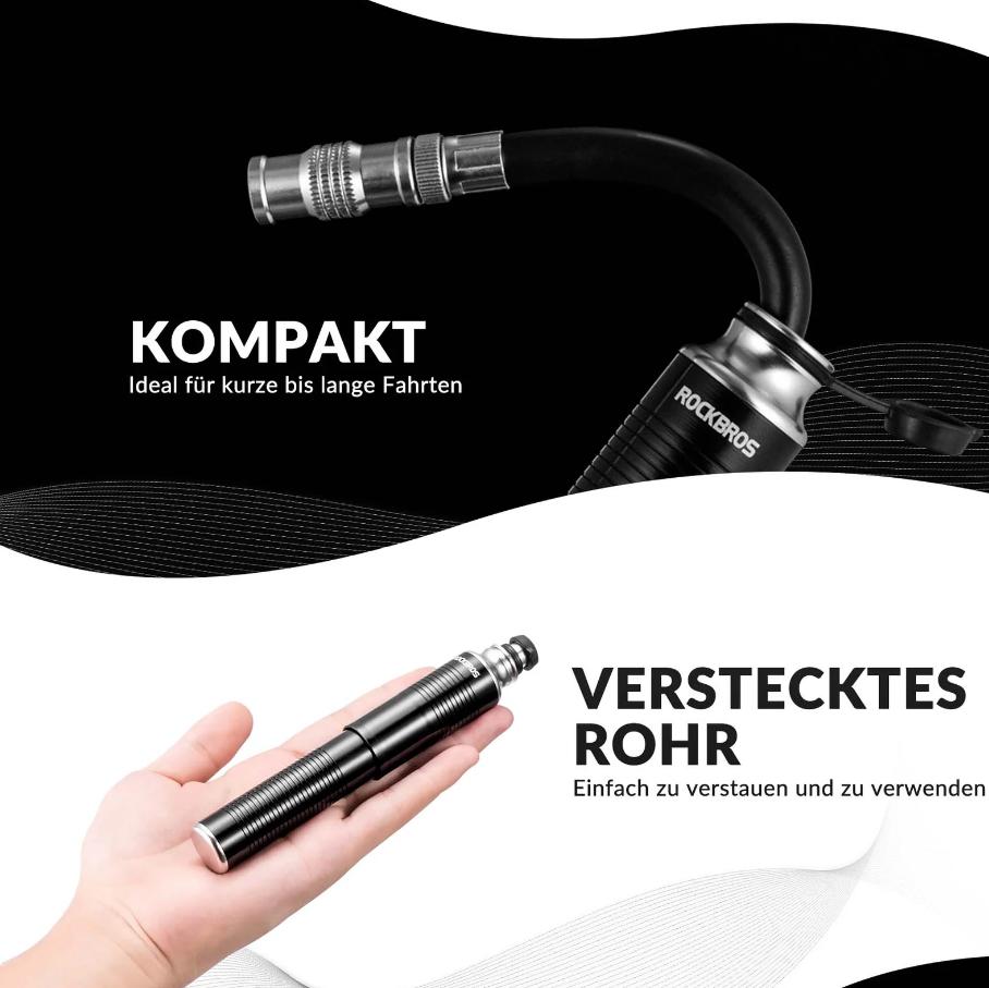 ROCKBROS bomba de aire, bomba de mano, válvulas Schrader y Presta, de aluminio, compacta, con refuerzo de presión de 110 PSI, con manguera oculta y tapa antipolvo, para bicicleta