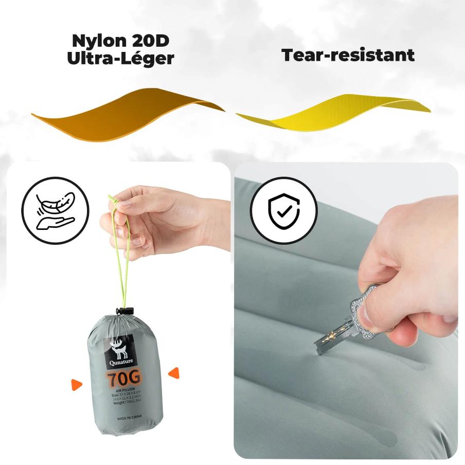 ROCKBROS Qunature cojín de camping ultraligero y inflable 70G 20D nylon Ripstop para senderismo y escalada al aire libre soporte ergonómico para la nuca núcleo de aire estable