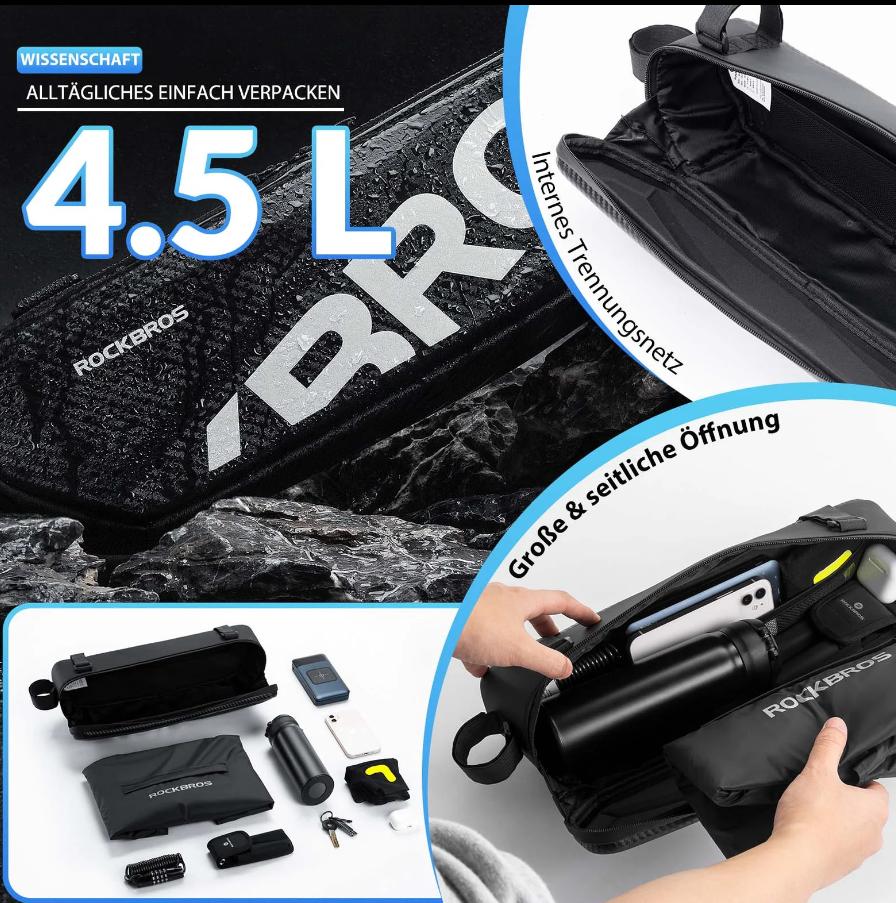 ROCKBROS Bolsa de Bicicleta Marco Bicicleta Bolsa Impermeable Manillar Bolsa 4.5L Negro