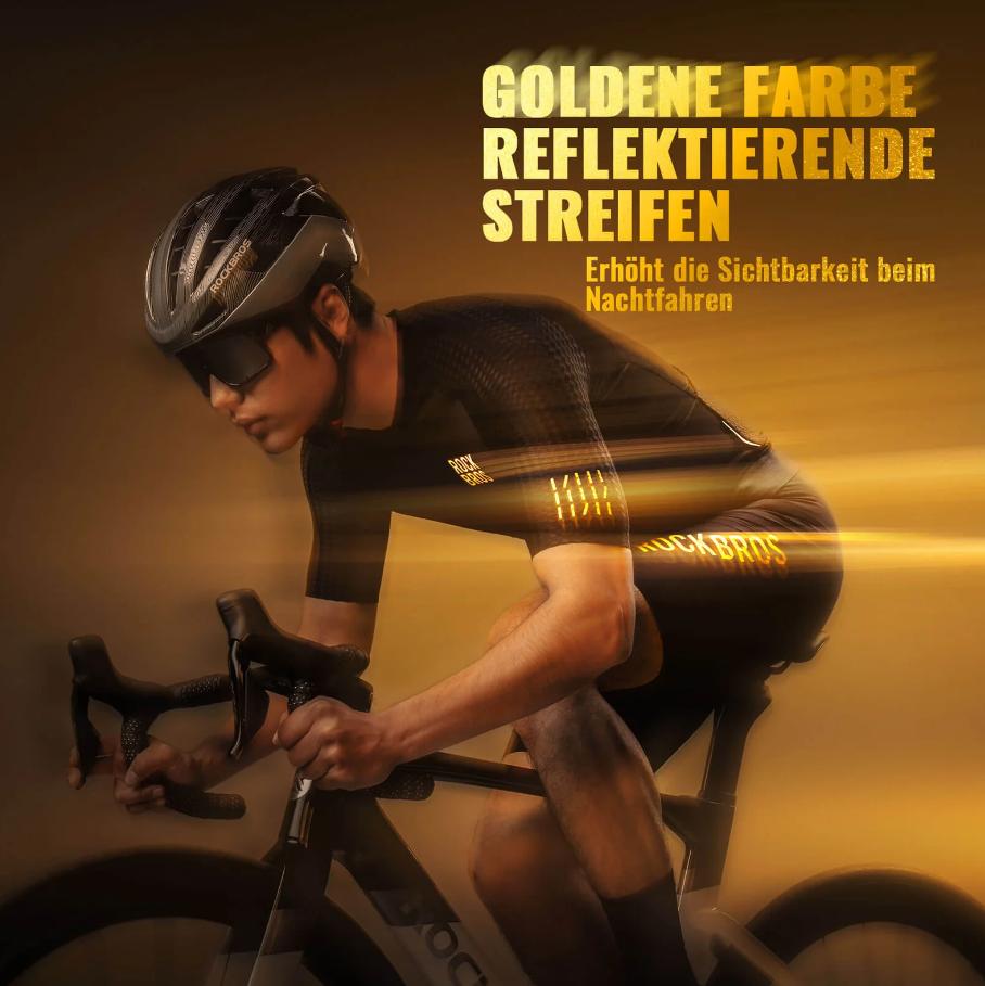 ROCKBROS Camiseta de ciclismo de manga corta para hombre Jersey de ciclismo de alto rendimiento para MTB y ciclismo de carretera Material premium Tecnología de ventilación 3D Logotipo reflectante en dorado Cuello en V y ajuste sin costuras