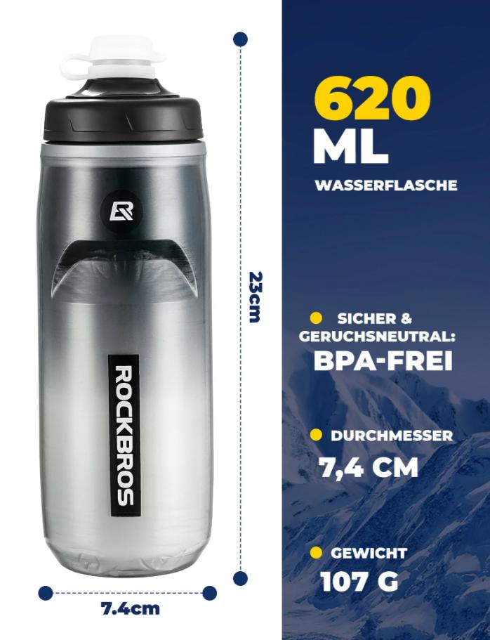 ROCKBROS botella de agua para bicicleta 620 ml, botella deportiva con función de enfriamiento durante 5 horas, sin BPA y a prueba de fugas, ideal para viajes en bicicleta y desplazamientos por negocios