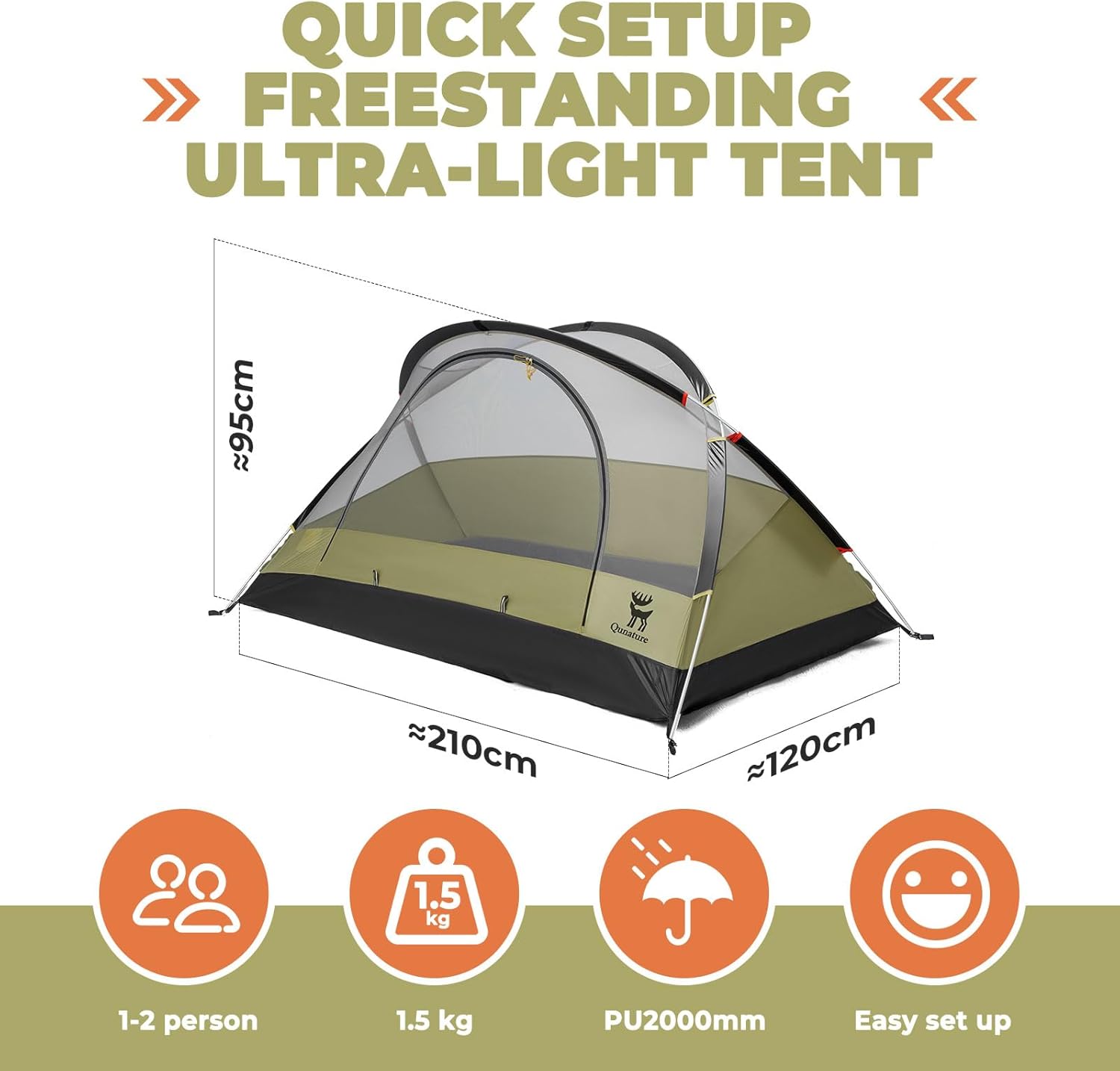 ROCKBROS Qunature tienda de campaña para 2 personas, impermeable & techo desmontable, estructura en X, ultraligera, para camping, senderismo y actividades al aire libre